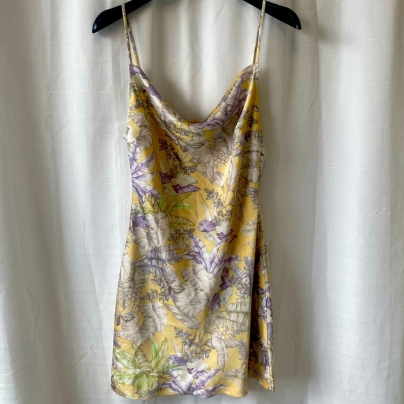 Lulus Dresses & Skirts - Lulus Sultry Summers Yellow Tropical Print Satin Cowl Neck Slip Dress medium